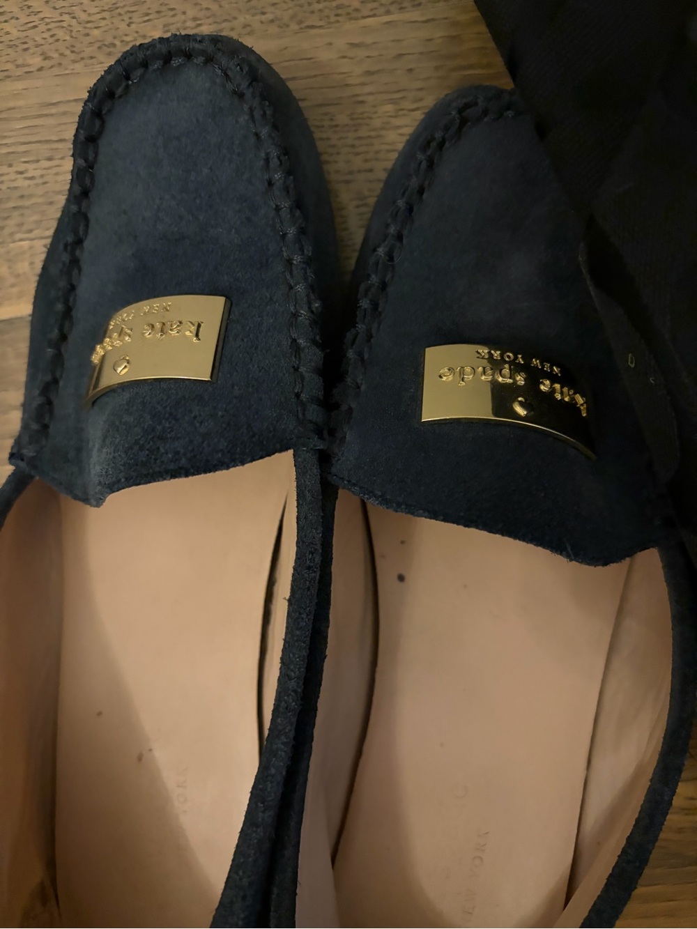 kate spade Navy Suede Driving Loafers with Gold Plaque